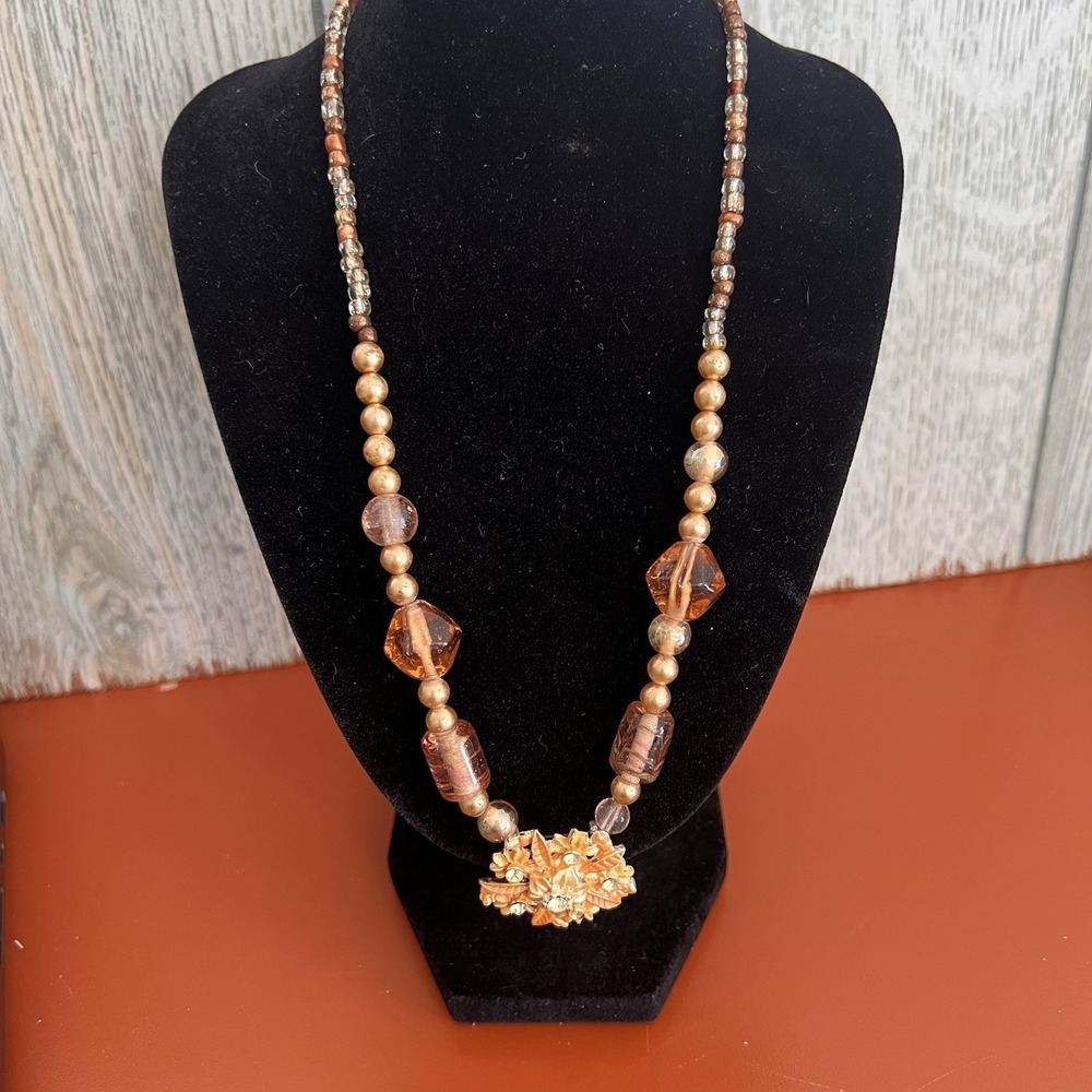 Vintage Rhinestone Necklace Flower Choker yellow tan Glass Bead 18"